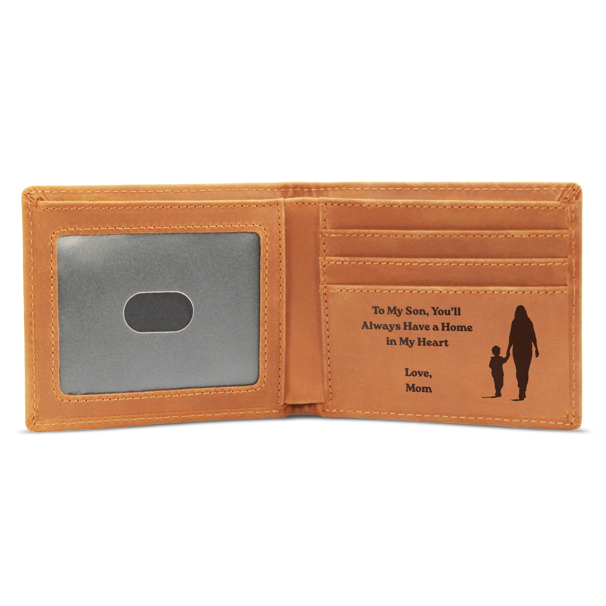 Open leather wallet engraved with a mother-and-son silhouette and the message, “You’ll always have a home in my heart. Love, Mom.”