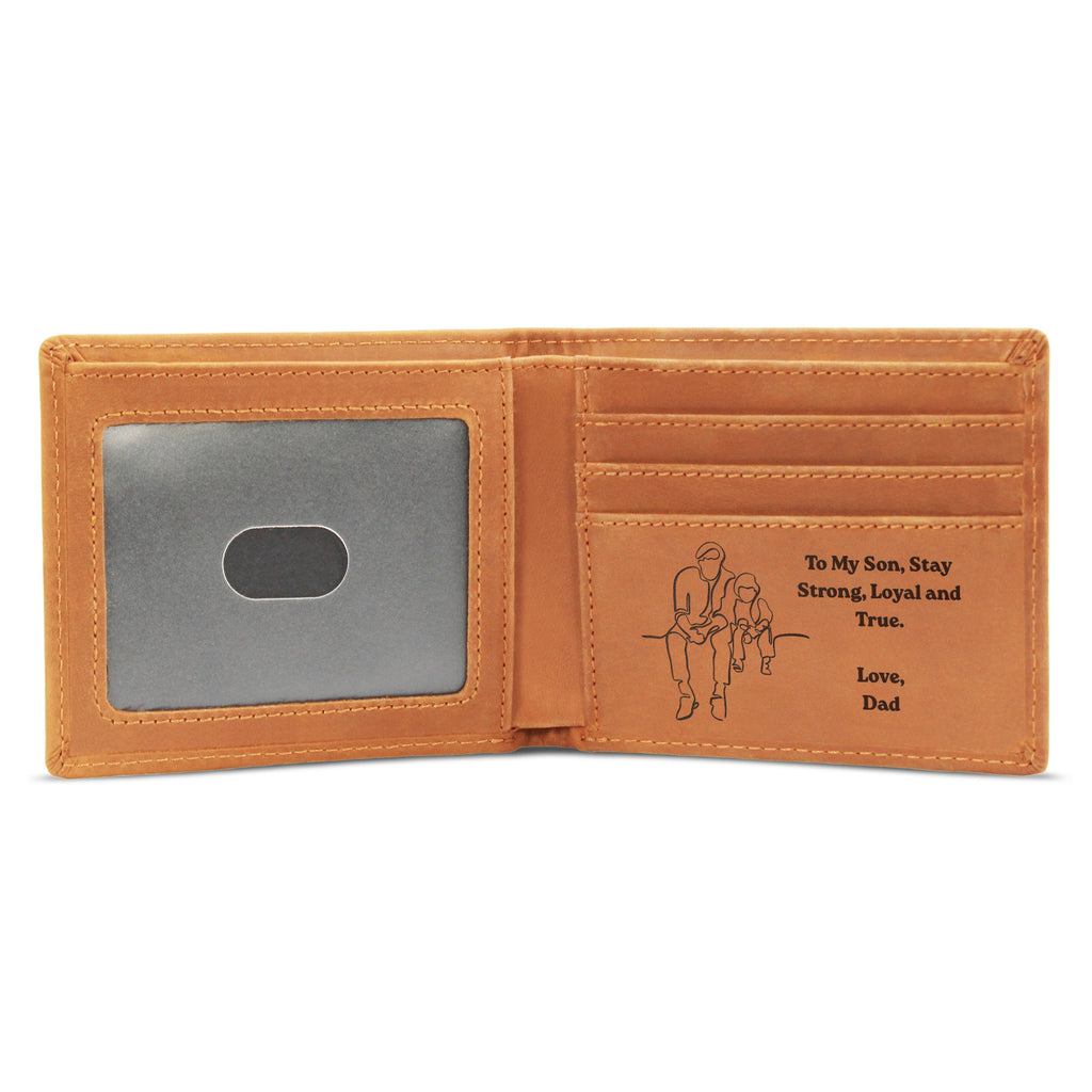 Open leather wallet engraved with a father-and-son illustration and a heartfelt “To My Son” message from Dad.