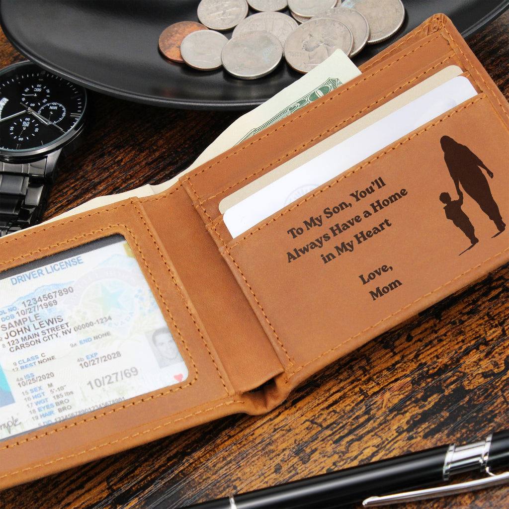 To My Son Engraved Leather Wallet, Meaningful Gift from Mom
