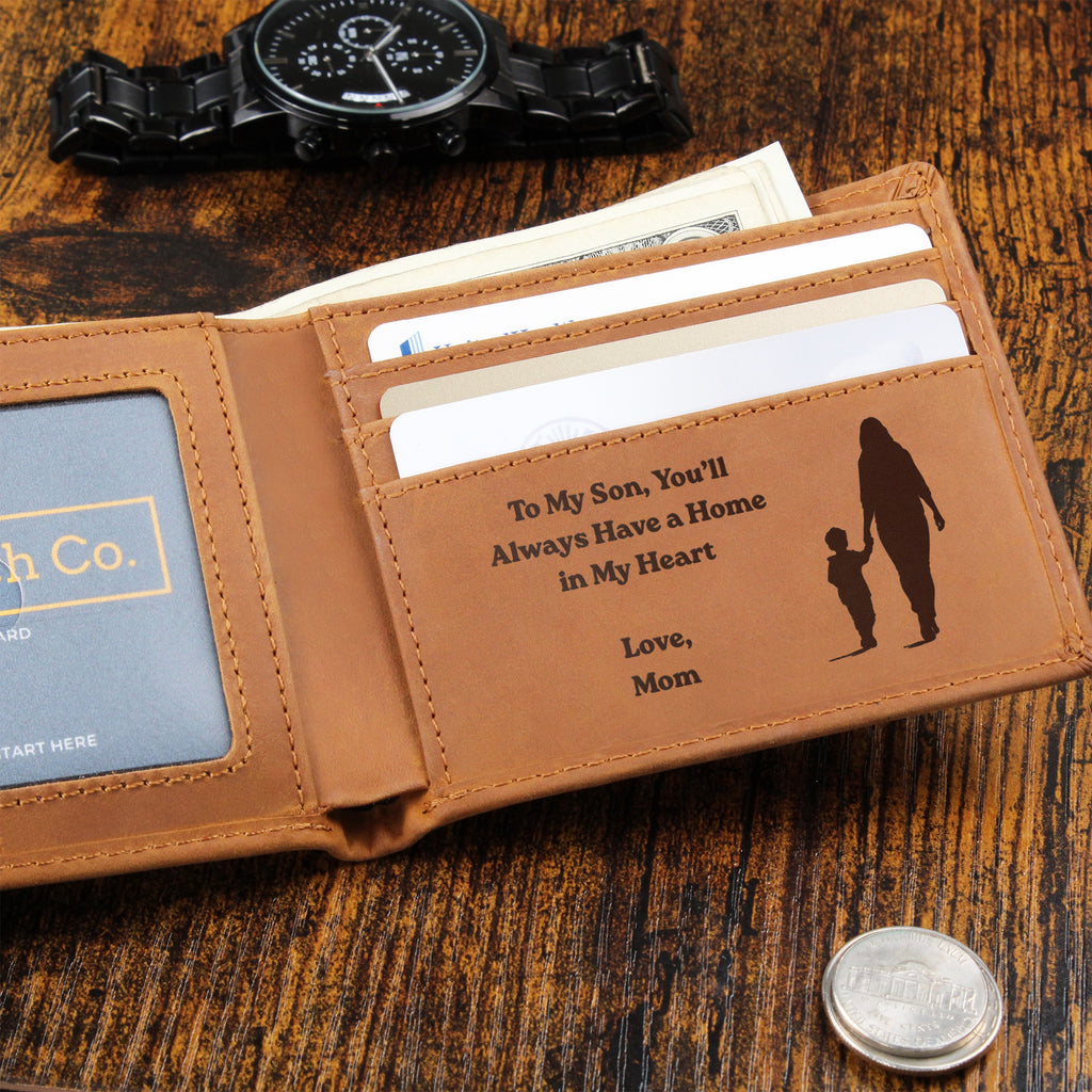 To My Son Engraved Leather Wallet, Meaningful Gift from Mom