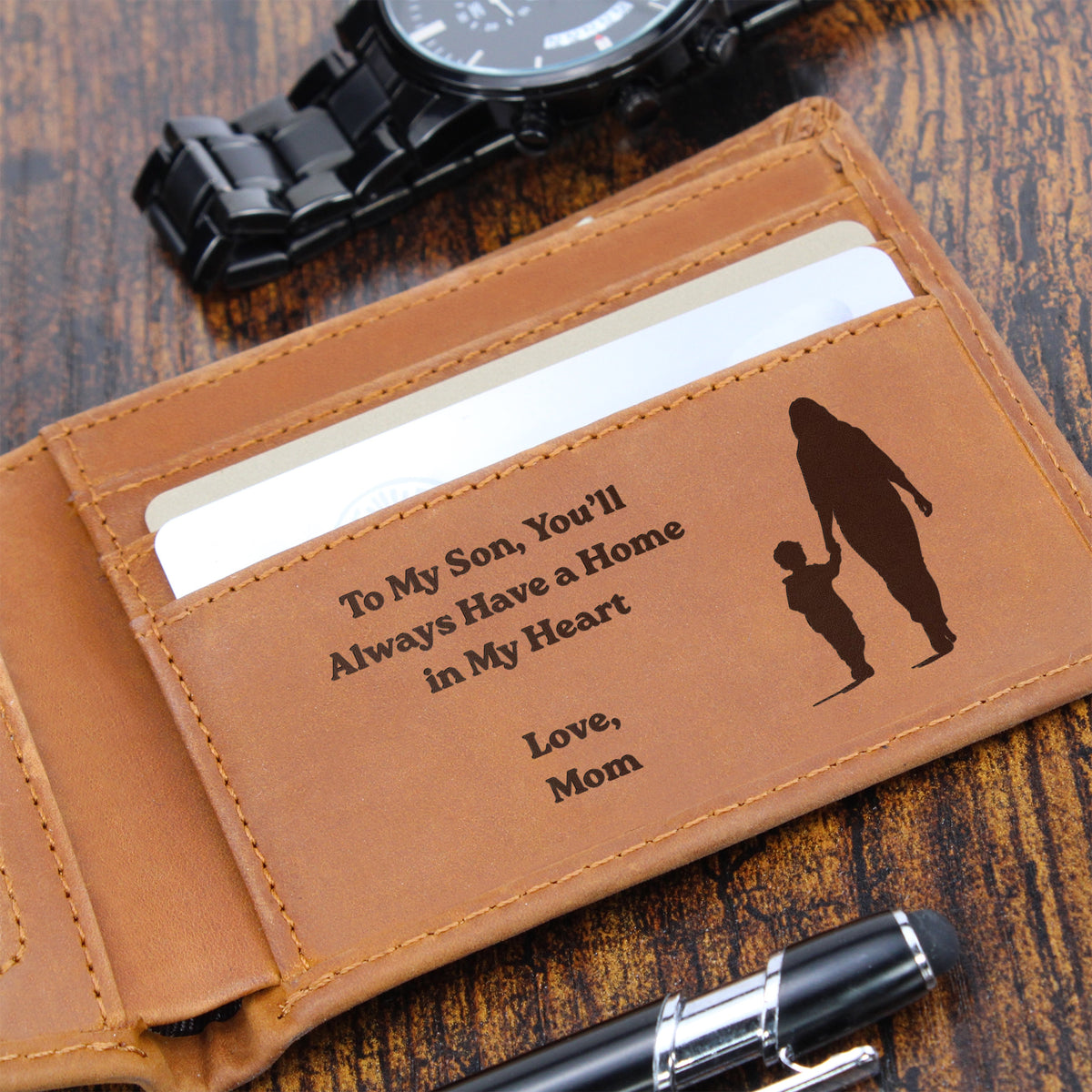 To My Son Engraved Leather Wallet, Meaningful Gift from Mom