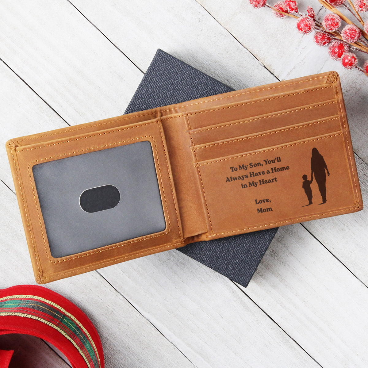 To My Son Engraved Leather Wallet, Meaningful Gift from Mom
