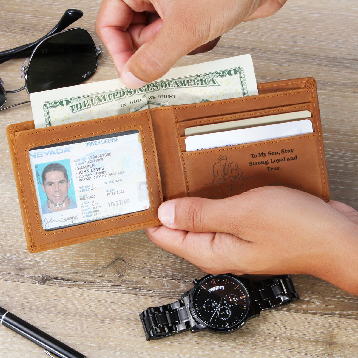 To My Son Engraved Leather Wallet, Meaningful Gift from Dad