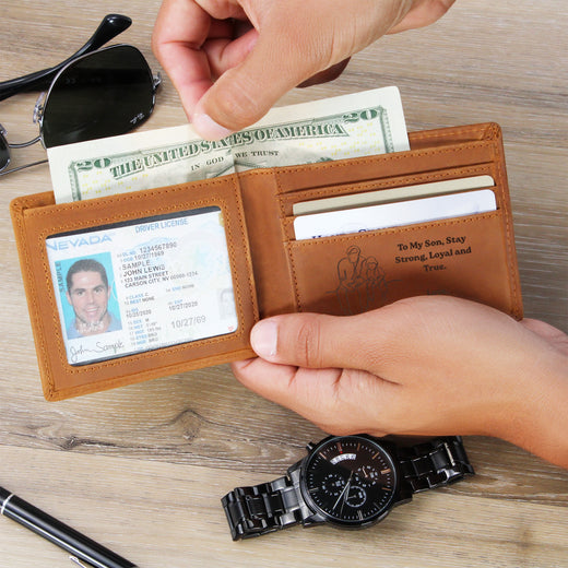 To My Son Engraved Leather Wallet, Meaningful Gift from Dad