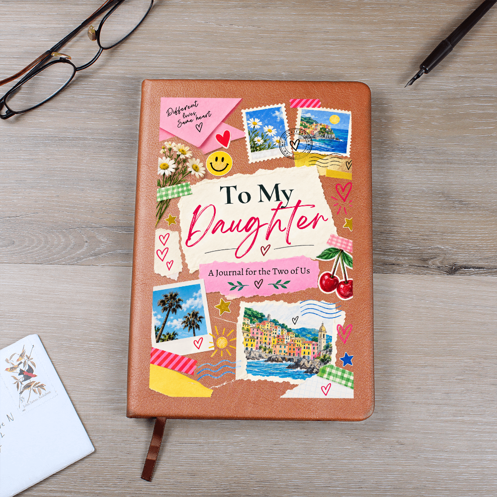 Brown vegan leather To My Daughter journal with a blush and lavender floral collage cover, postage stamps, handwritten details, and ribbon bookmark.