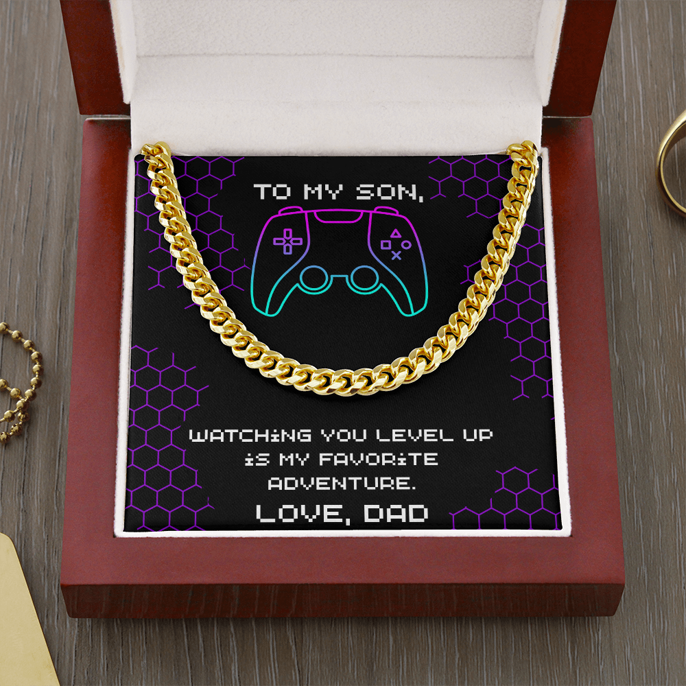 Silver-tone Cuban link chain in a wooden gift box with a gaming-inspired To My Son message card reading “Watching you level up is my favorite adventure. Love, Dad.”