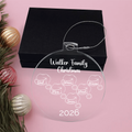 Clear acrylic Christmas ornament with Walker Family Christmas, six personalized Santa hat illustrations, and the year 2026.