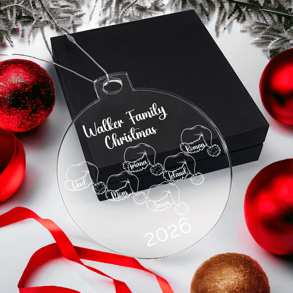 Personalized Family Santa Hat Ornament, Acrylic Christmas Keepsake