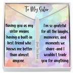 To My Sister personalized engraved silver bar necklace displayed in a gift box with a heartfelt message card.