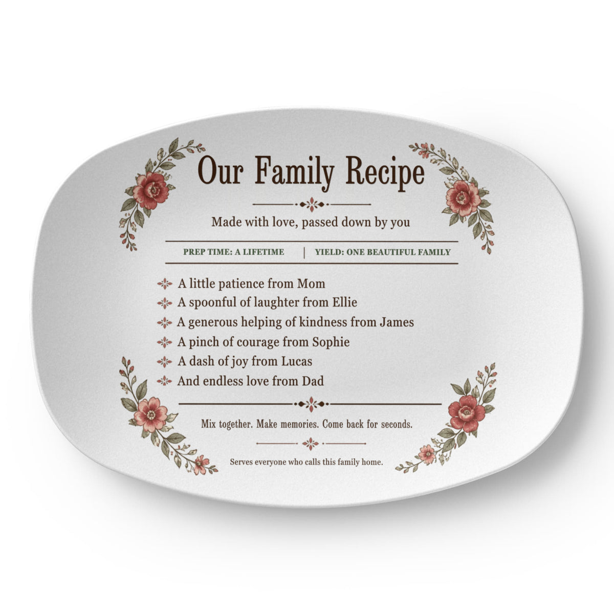 To My Mom, Personalized Family Recipe Platter, Custom Floral Serving Tray