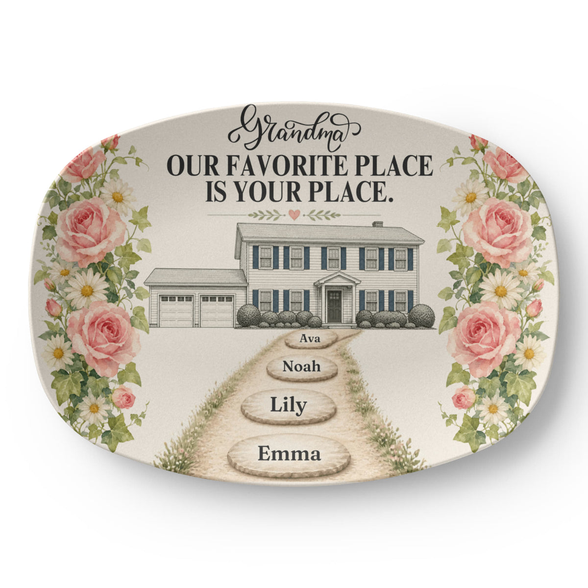 Personalized Grandma House Platter, Custom Home Illustration, Family Name Stepping Stones