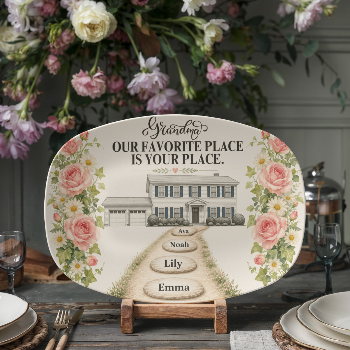 Personalized Grandma House Platter, Custom Home Illustration, Family Name Stepping Stones