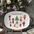 Grandma’s Favorites personalized Christmas platter with eight named children in Santa hats, a decorated Christmas tree, and the year 2026.