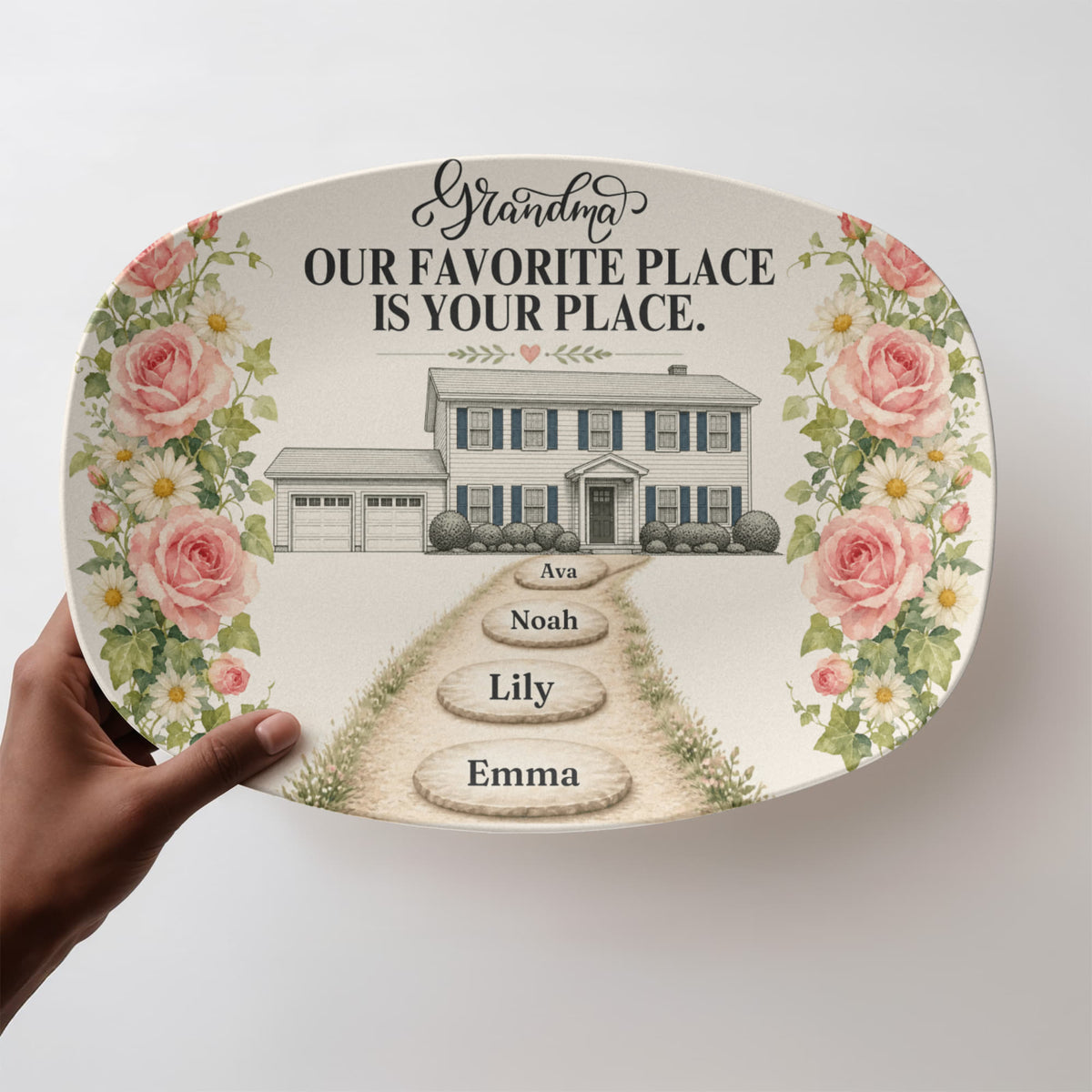 Personalized Grandma House Platter, Custom Home Illustration, Family Name Stepping Stones