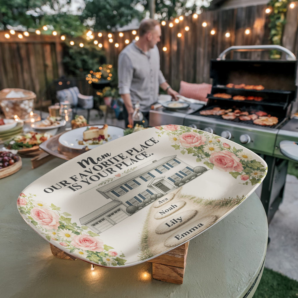 Personalized Mom House Platter, Custom Home Illustration, Family Name Stepping Stones