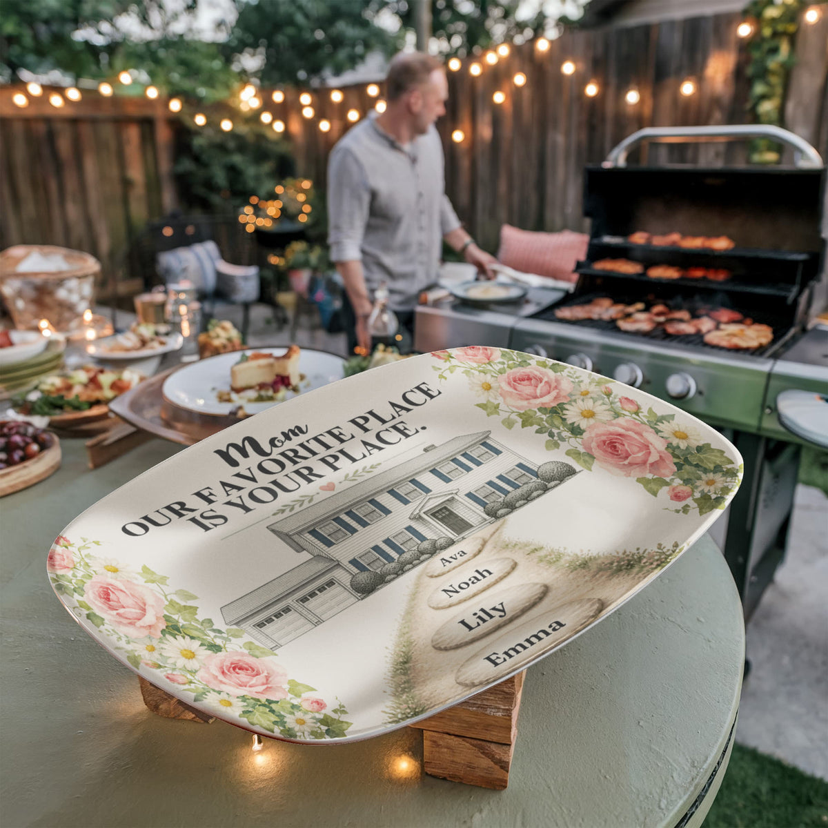 Personalized Mom House Platter, Custom Home Illustration, Family Name Stepping Stones