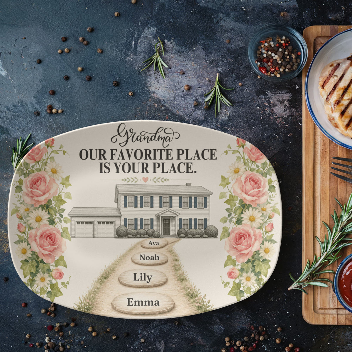 Personalized Grandma House Platter, Custom Home Illustration, Family Name Stepping Stones