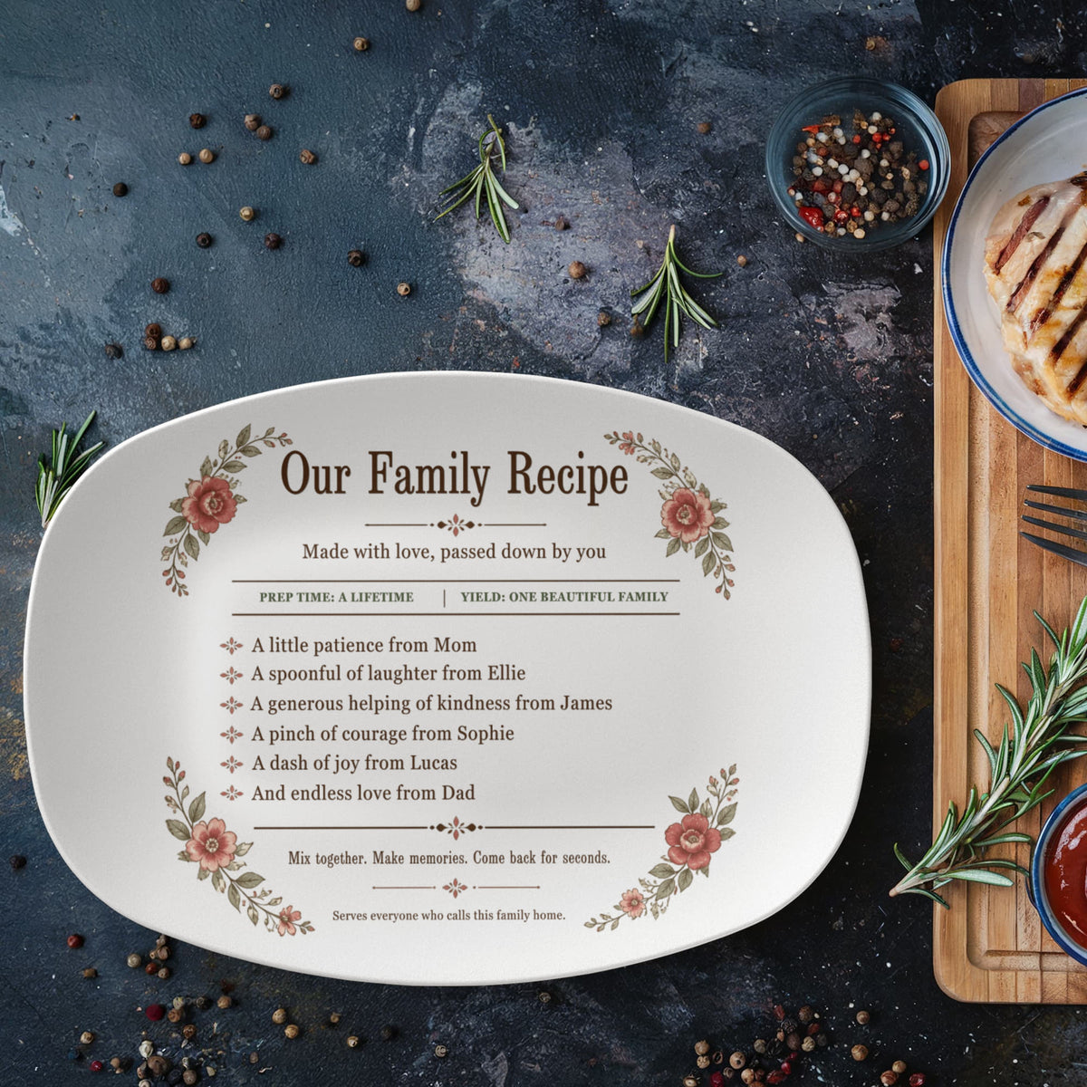 To My Mom, Personalized Family Recipe Platter, Custom Floral Serving Tray