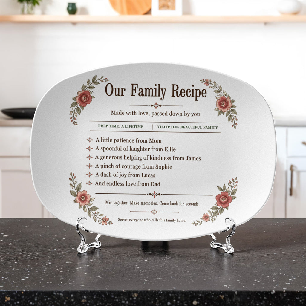 Personalized oval Our Family Recipe platter with vintage rose florals and custom recipe lines pairing family names with qualities such as patience and laughter.