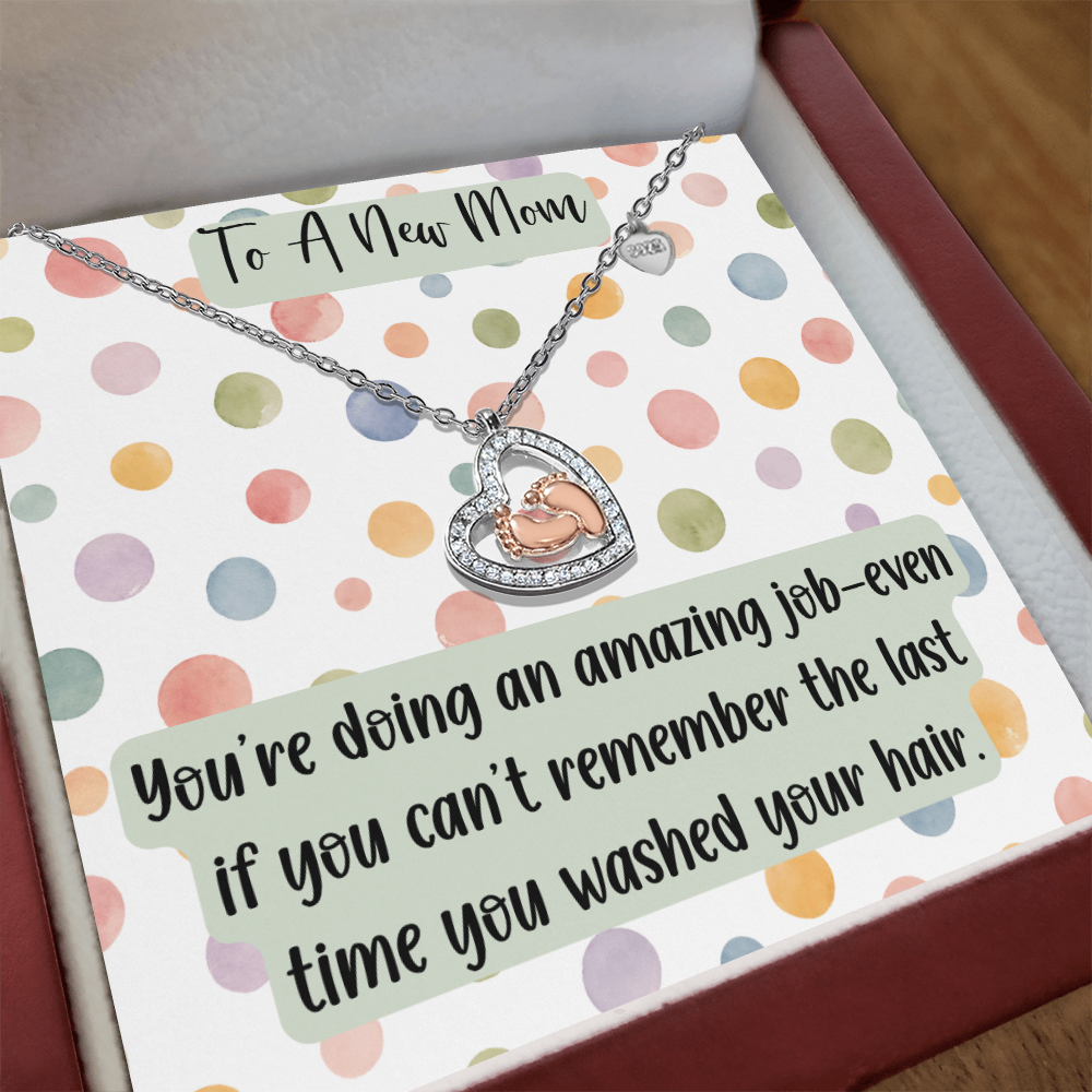 New Mom Baby Feet Heart Necklace, Funny New Mom Gift